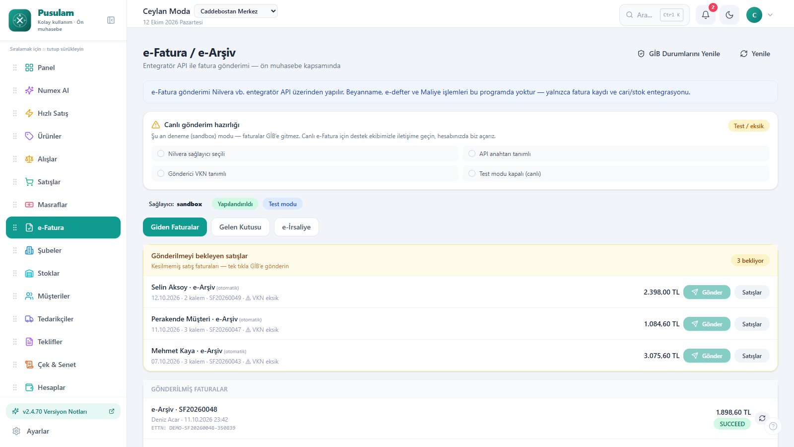 Pusulam e-Fatura / e-Arşiv ekranı — entegratör API ile fatura gönderimi